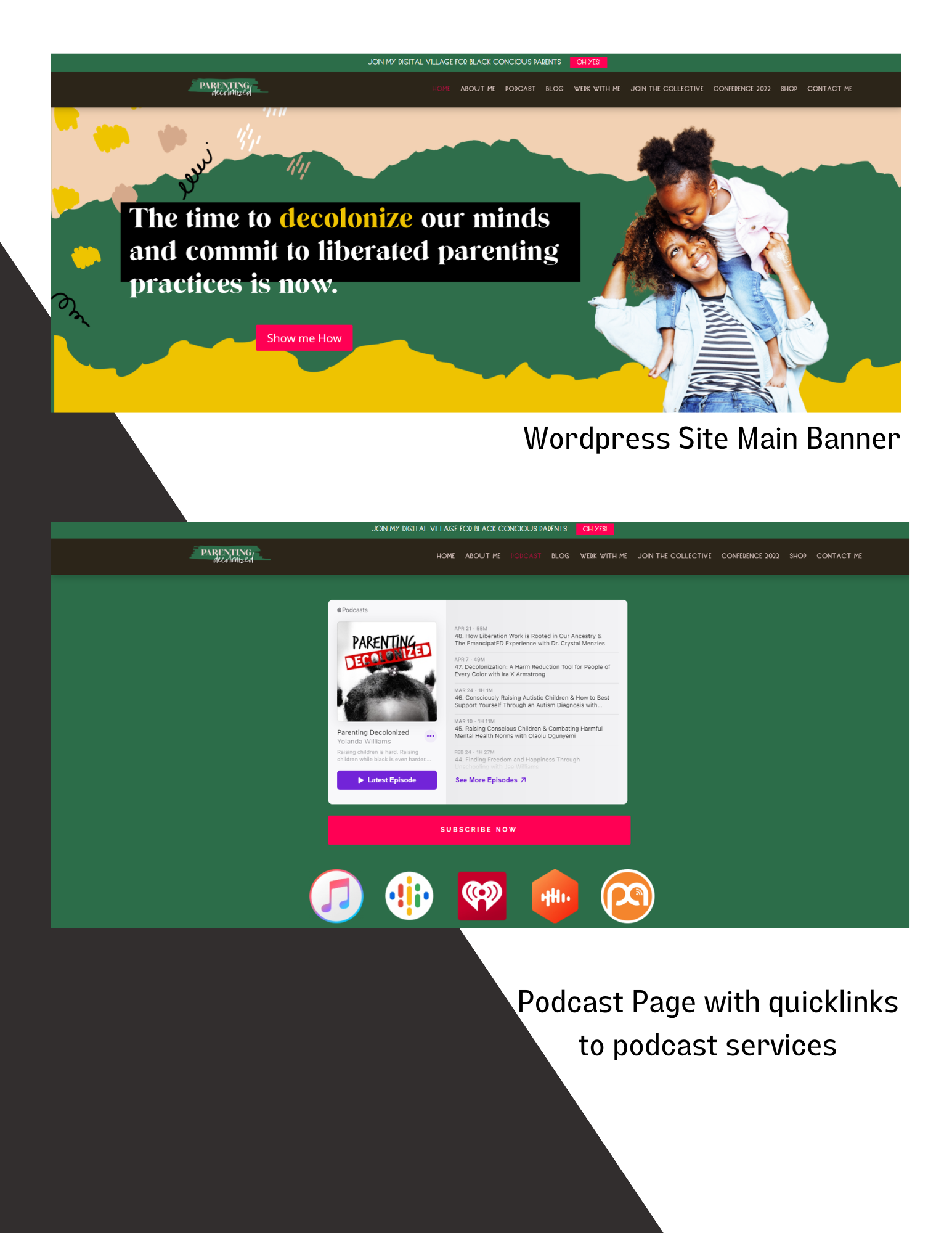 Wordpress banner and podcast quicklink layouts.