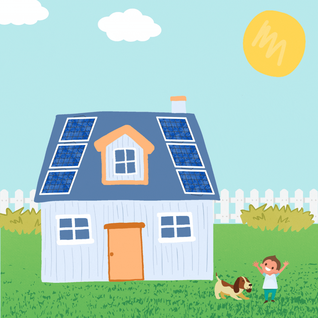 Animated sun rising over a solar house.