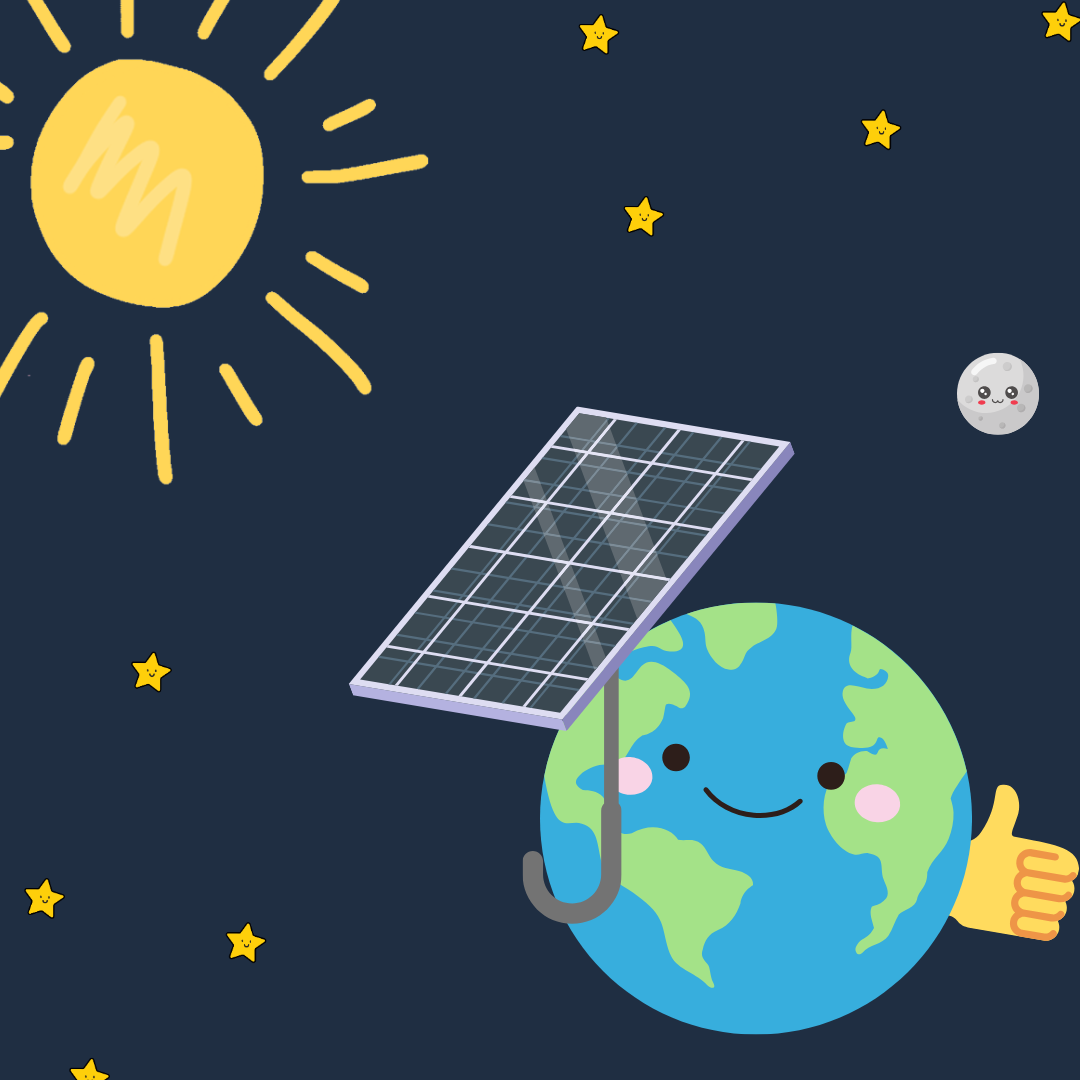 Illustration of Earth holding solar panel umbrella.