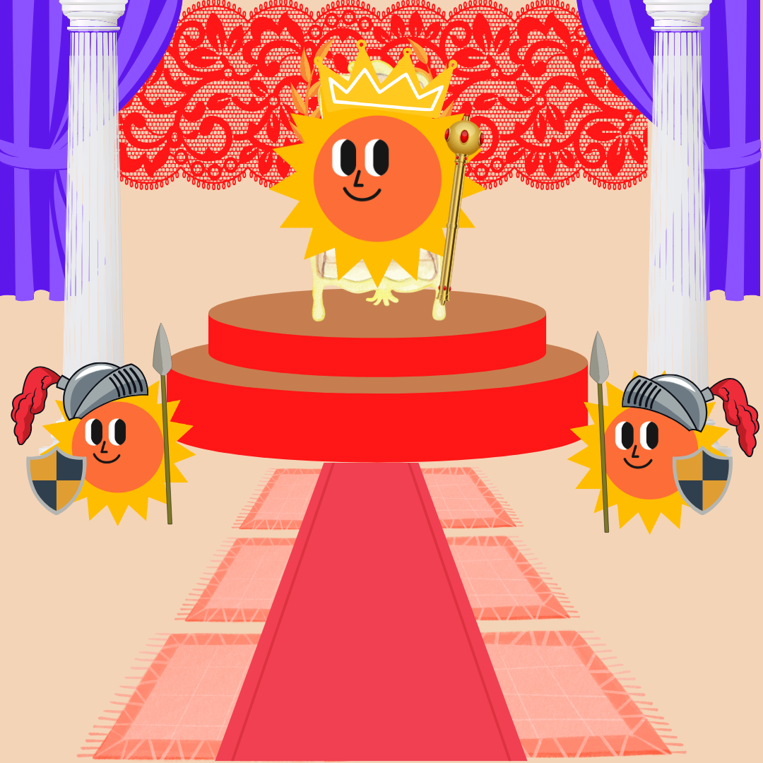 Crown sun mascot on a palace throne.