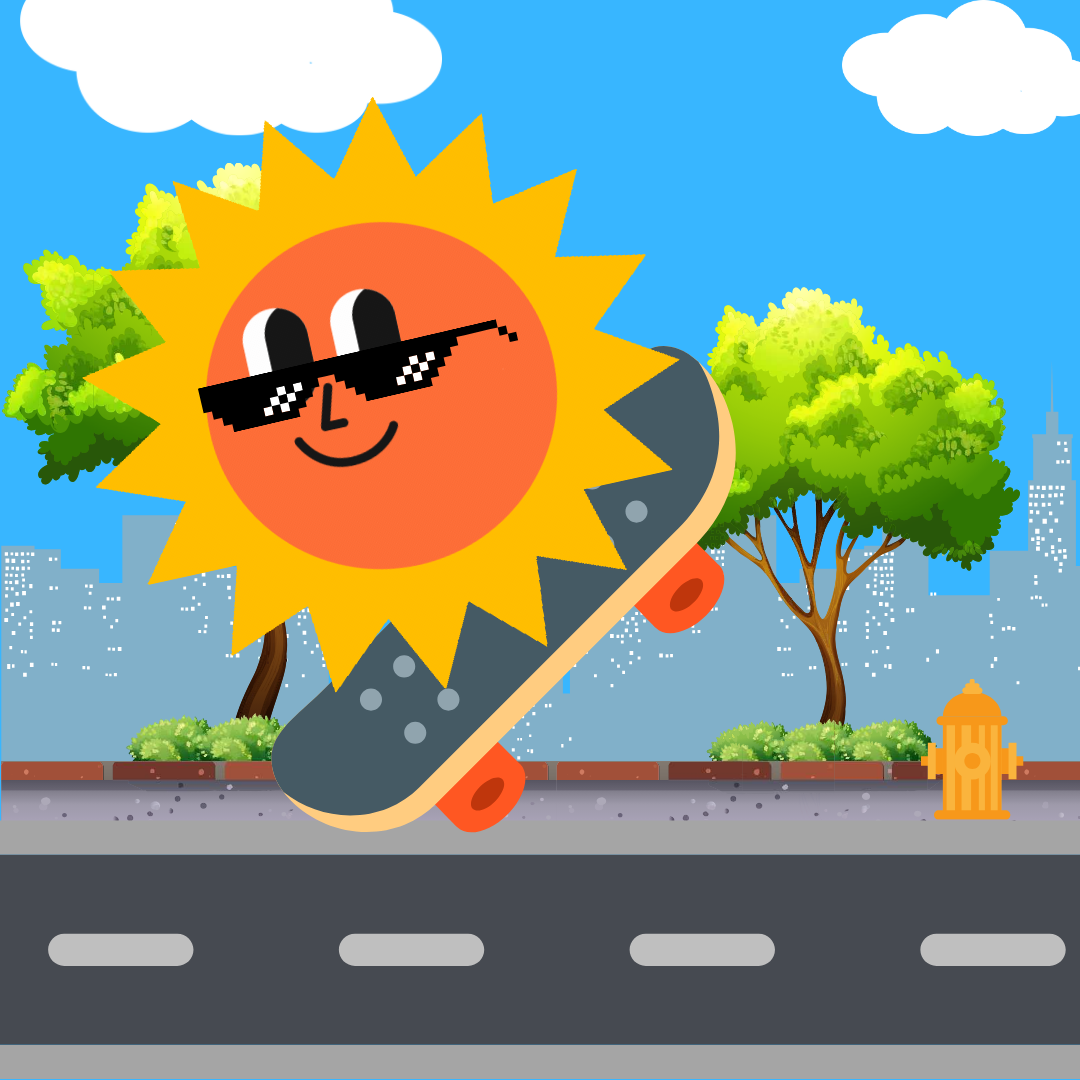 Cool sun mascot riding skateboard.