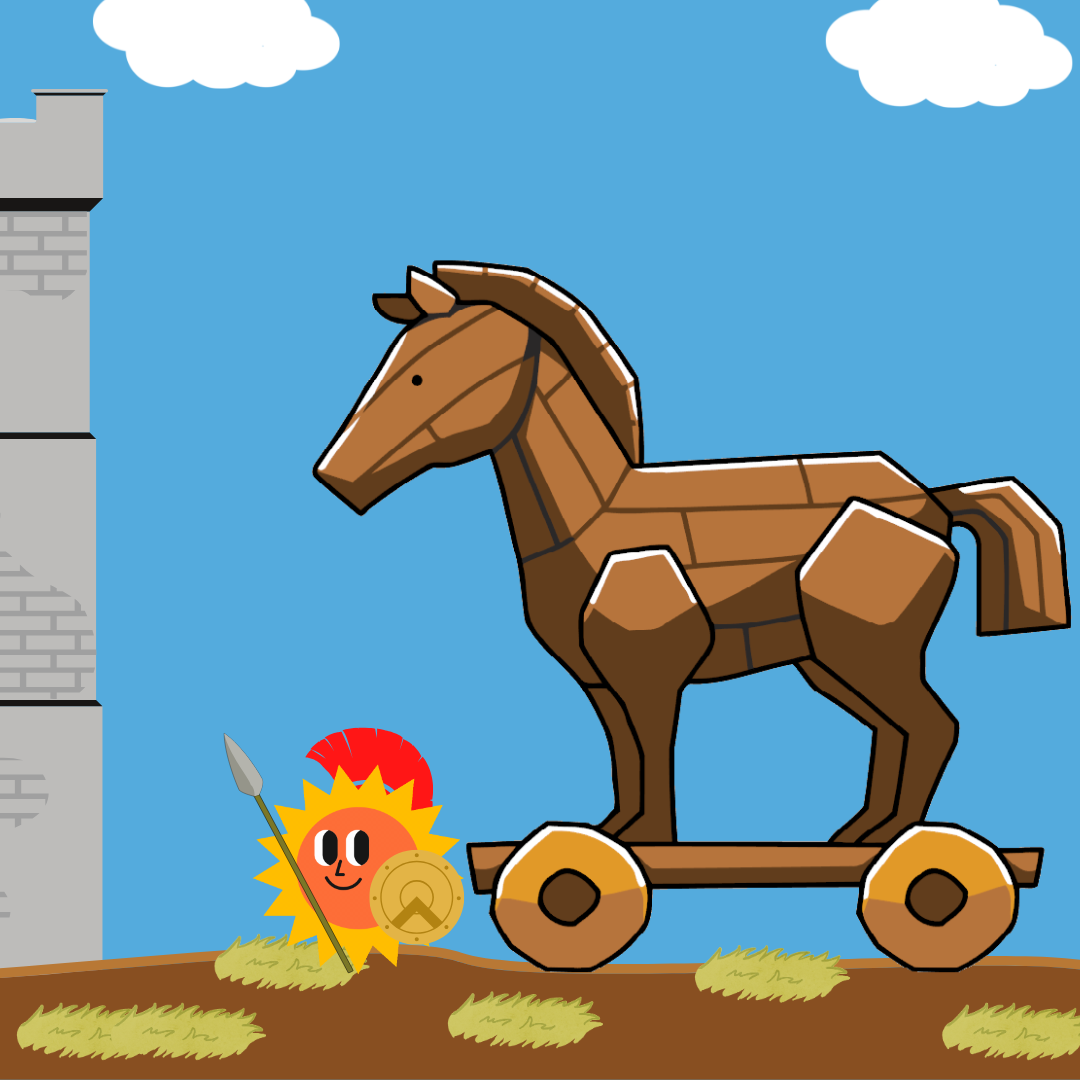 Graphic of Trojan horse and sun warrior.